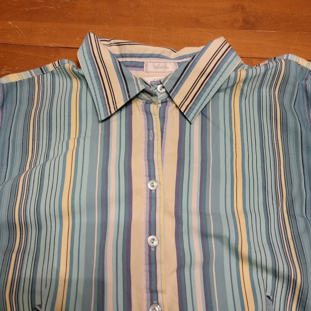 CJ Banks Turquoise, Yellow Stripe Button Down Tie Hem Blouse Plus Size 2X - Picture 12 of 12